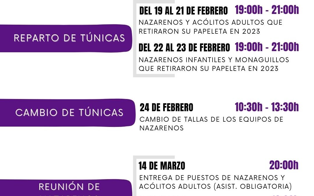 CALENDARIO CON FECHAS DEL TALLAJE Y REPARTO DE TÚNICAS PARA EL MIÉRCOLES SANTO