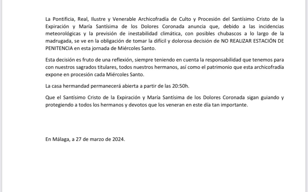 COMUNICADO OFICIAL SALIDA PROCESIONAL MIÉRCOLES SANTO